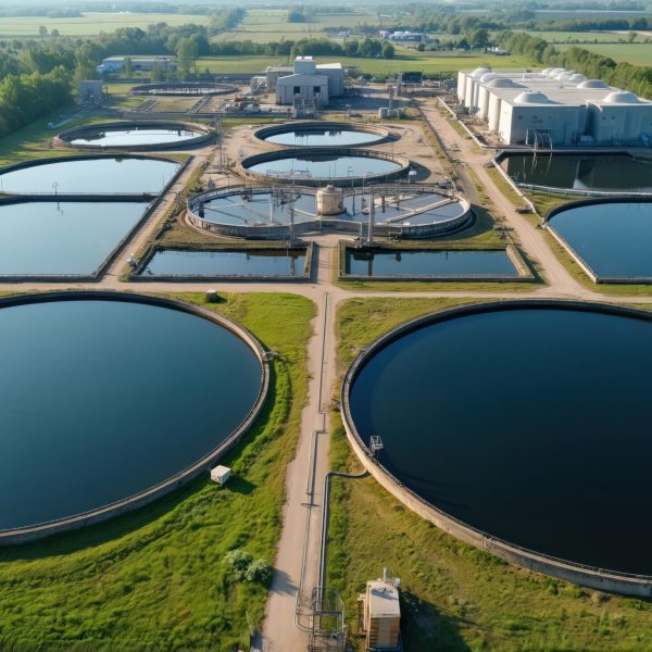 Aerial view of wastewater treatment facility with multiple large settling tanks, industrial buildings. Surrounding area features green fields trees. Industrial site handles liquid waste processing.